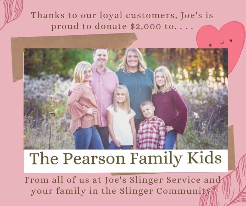 Joe's Slinger Service donates $2,000 to the Pearson Family Kids. Family portrait on pink background. | Joe's Slinger Service