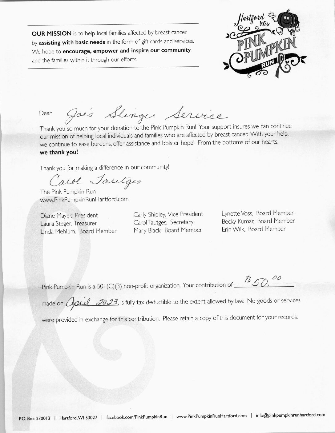 A donation receipt from 