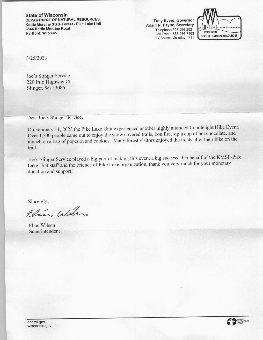 A letter from Wisconsin's Department of Natural Resources thanking Joe's Slinger Service for support of a Pike Lake event. | Joe's Slinger Service