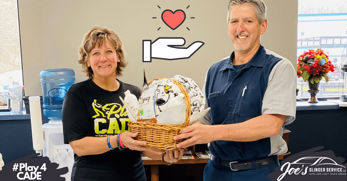 Woman and man holding a gift basket, both smiling. A heart and hand icon float above. | Joe's Slinger Service