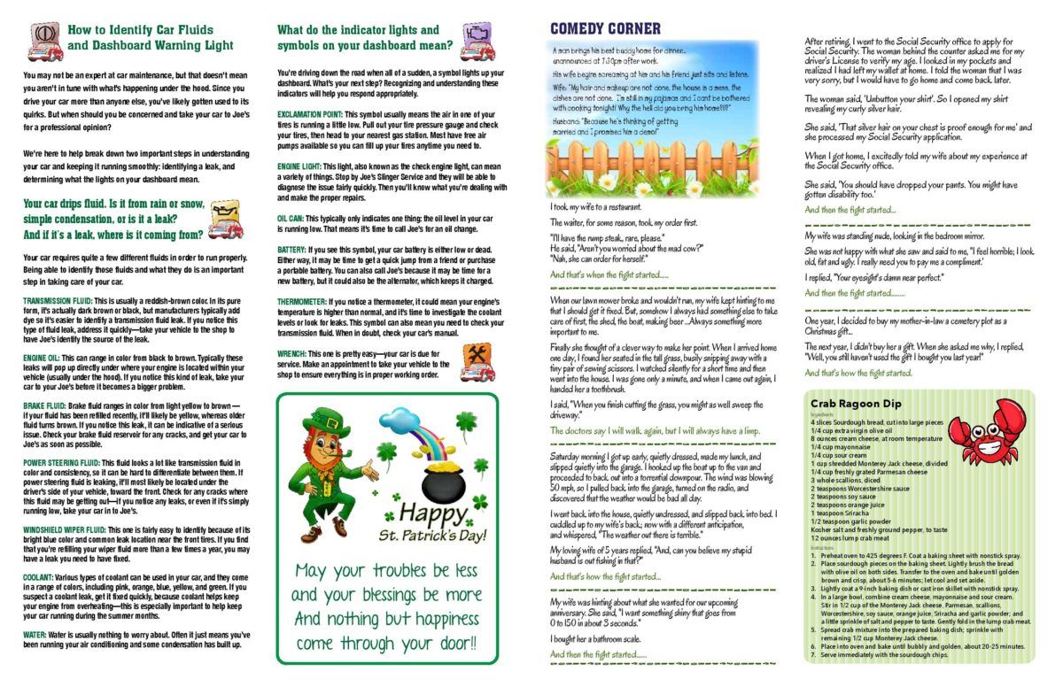 Page with informational text, jokes, and a St. Patrick's Day graphic. | Joe's Slinger Service