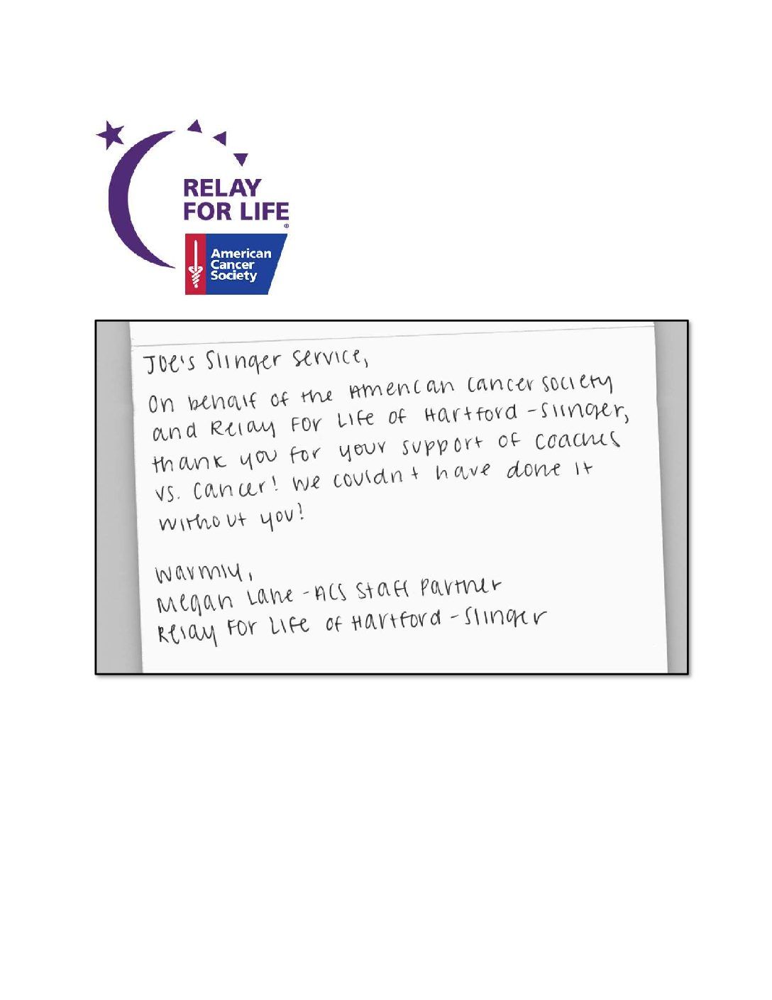 A thank you note from the Relay for Life of Hartford event with the American Cancer Society logo. | Joe's Slinger Service