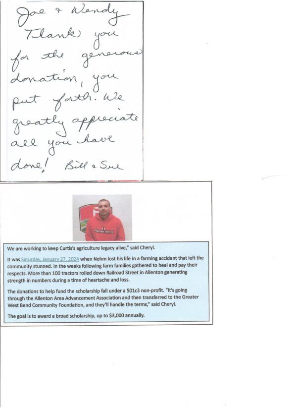 Handwritten thank you note and a photo of a man next to a news excerpt about a donation. | Joe's Slinger Service