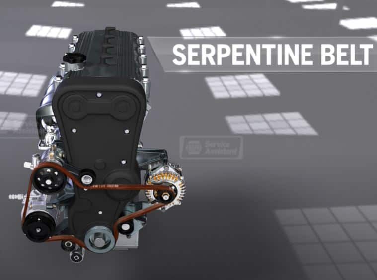 Serpentine belt diagram on car engine, showing the belt's path around pulleys and components. | Joe's Slinger Service