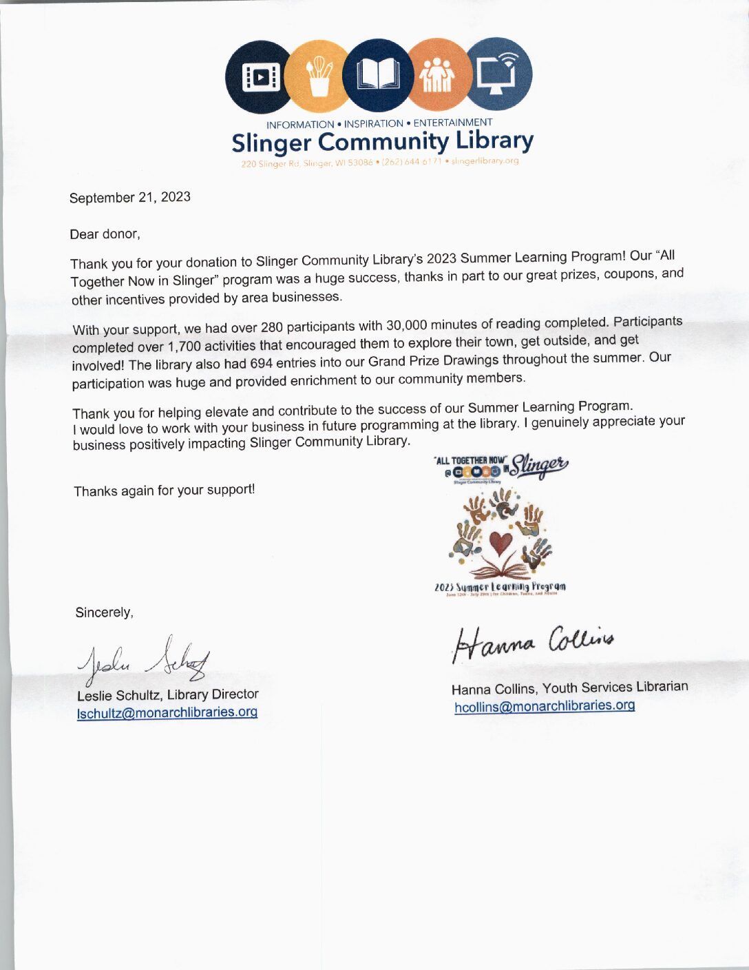 Letter from Slinger Community Library thanking donors for supporting its summer learning program. | Joe's Slinger Service