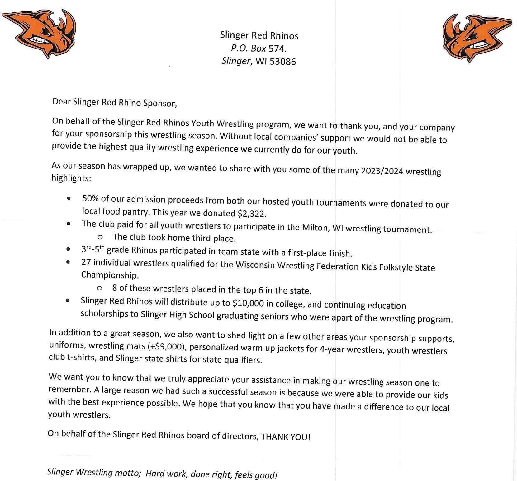 Letter from Slinger Red Rhino Wrestling to a sponsor with wrestling program highlights. | Joe's Slinger Service