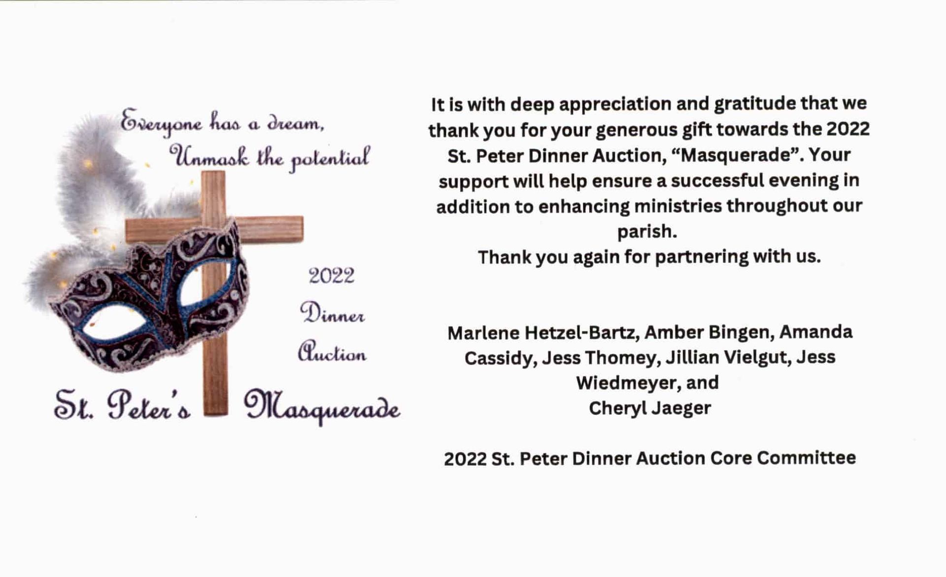 Thank you card for St. Peter's Dinner Auction 