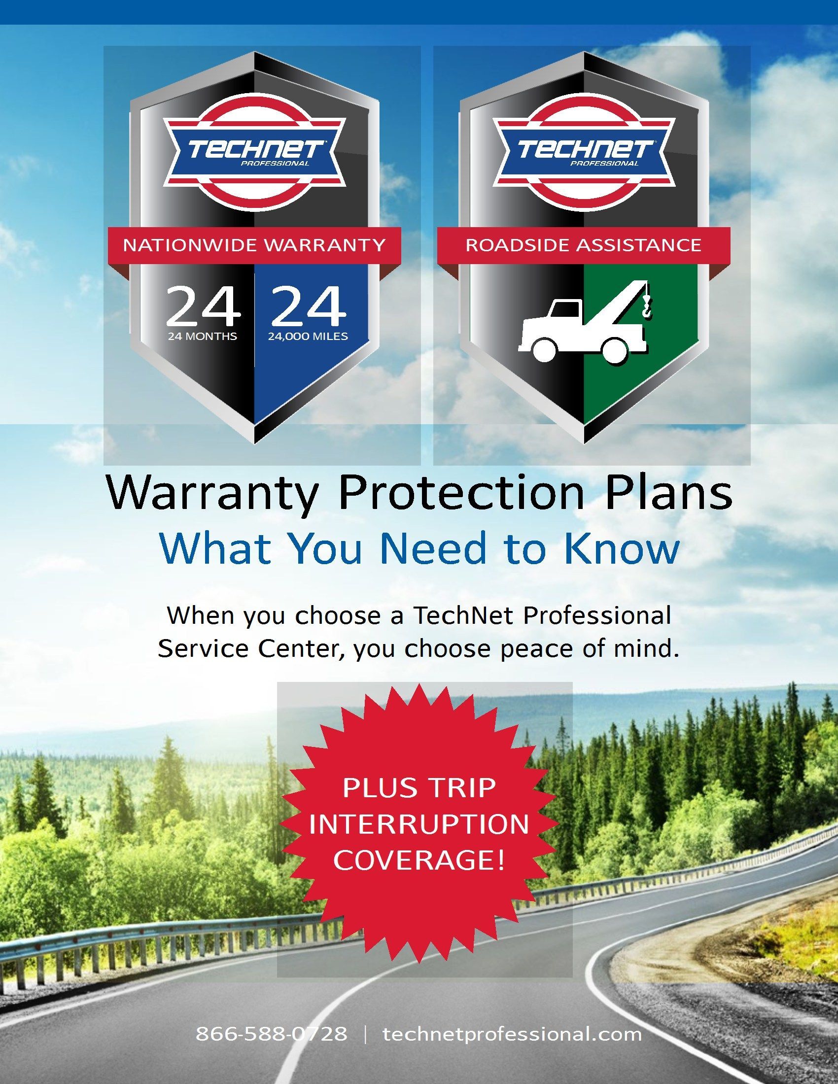 TechNet warranty protection ad: shields with warranty and roadside assistance logos, plus trip interruption coverage. | Joe's Slinger Service