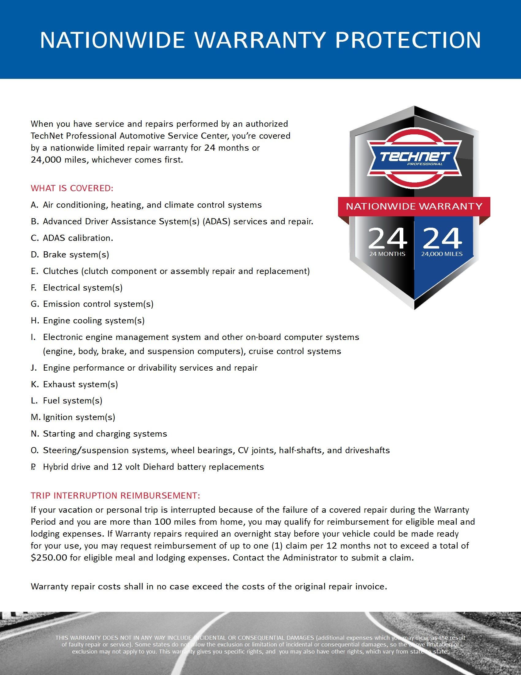 Nationwide warranty protection details from TechNet, listing coverage for vehicle repairs. | Joe's Slinger Service
