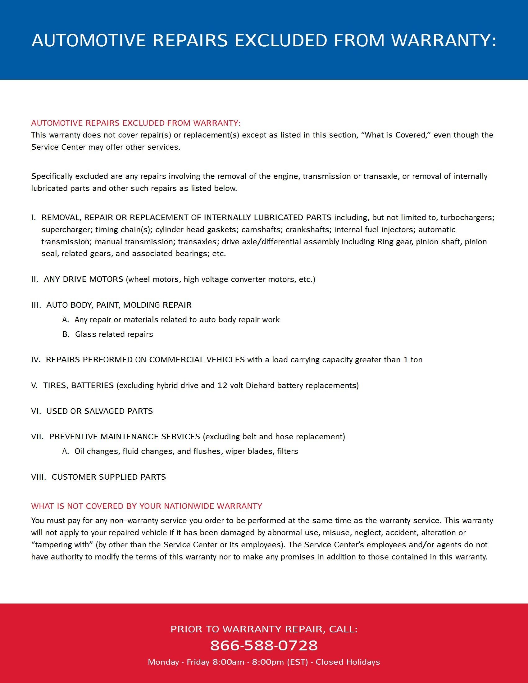 Text: Automotive Repairs Excluded From Warranty. A list of excluded automotive repairs in blue and white. | Joe's Slinger Service