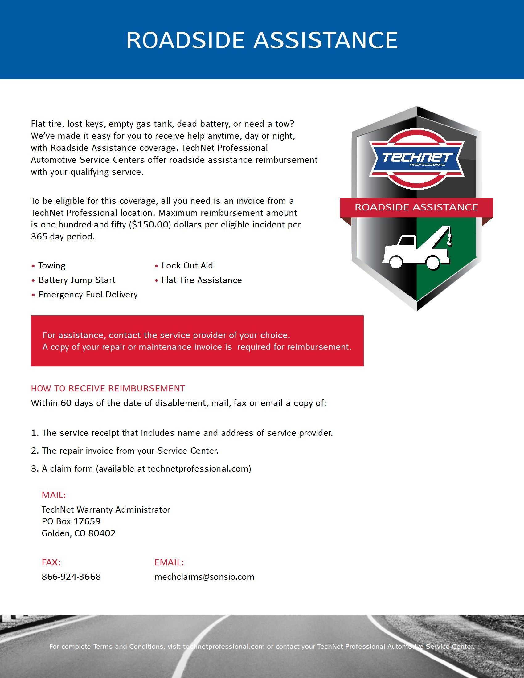 Roadside Assistance flyer with logo, text describing services, reimbursement info and contact details. | Joe's Slinger Service