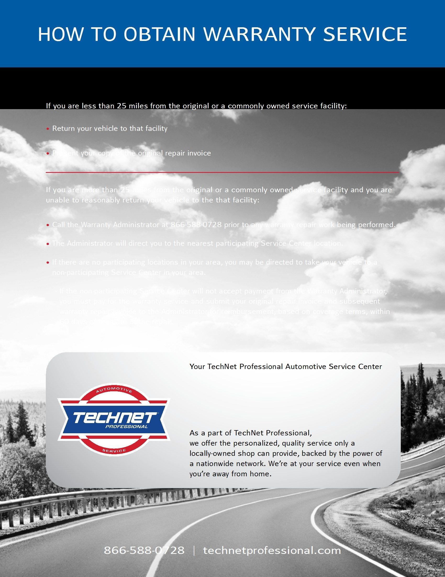 Advertisement for obtaining warranty service; TECHNET logo on road. | Joe's Slinger Service