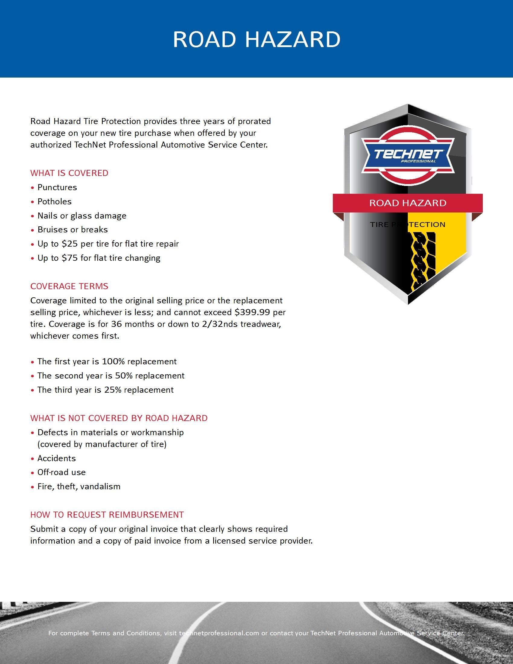 Road hazard protection document with TechNet logo. | Joe's Slinger Service