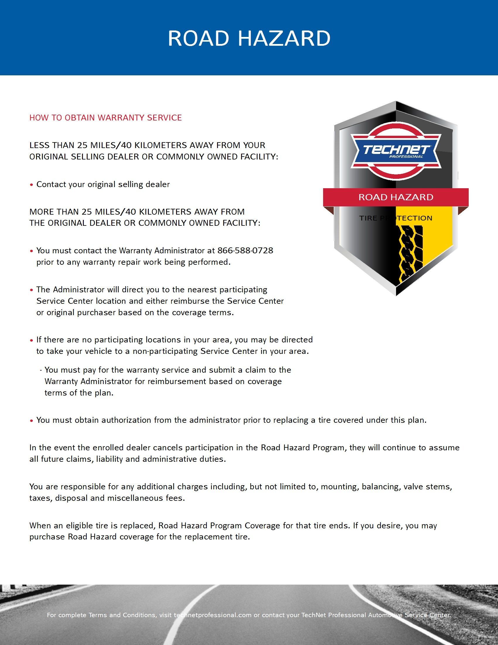 Road hazard document with logo and warranty details. | Joe's Slinger Service