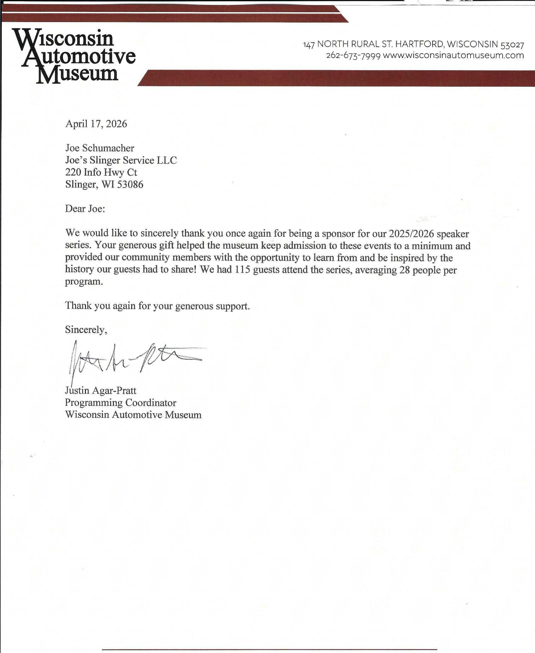 Letter thanking a sponsor, Wisconsin Automotive Museum logo at the top.