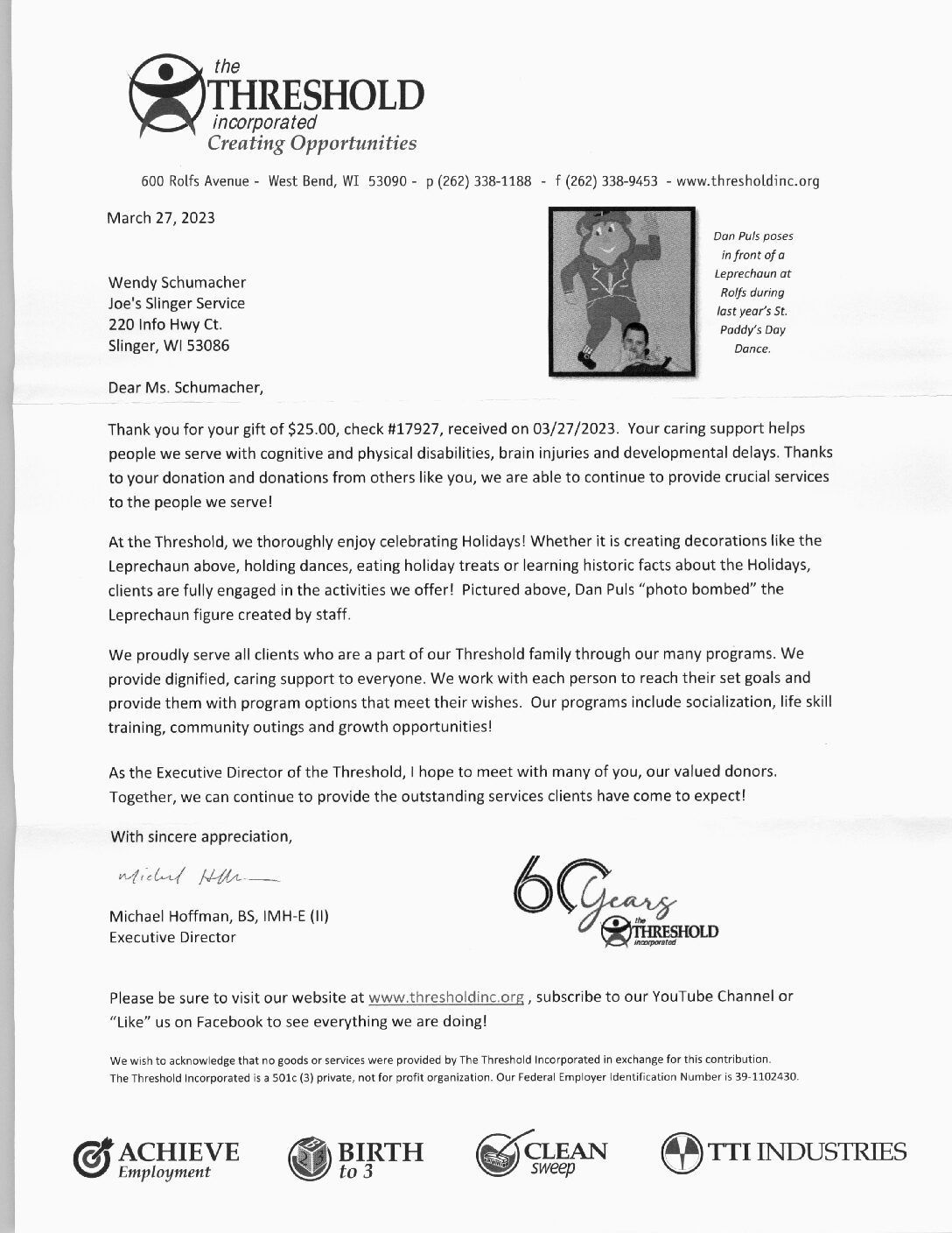 Thank you letter from The Threshold, with logo and illustration of a person. | Joe's Slinger Service