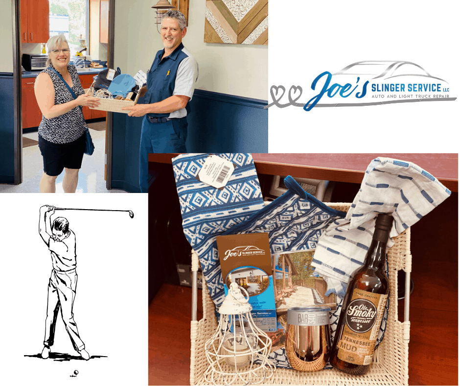 Woman receiving gift from person in Joe's Blinds uniform; basket with items; golf sketch; Joe's Blinds logo. | Joe's Slinger Service