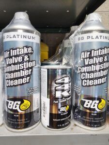 Three cans of BG Platinum Air Intake, Valve & Combustion Chamber Cleaner and one can of BG Fuel System Cleaner. | Joe's Slinger Service