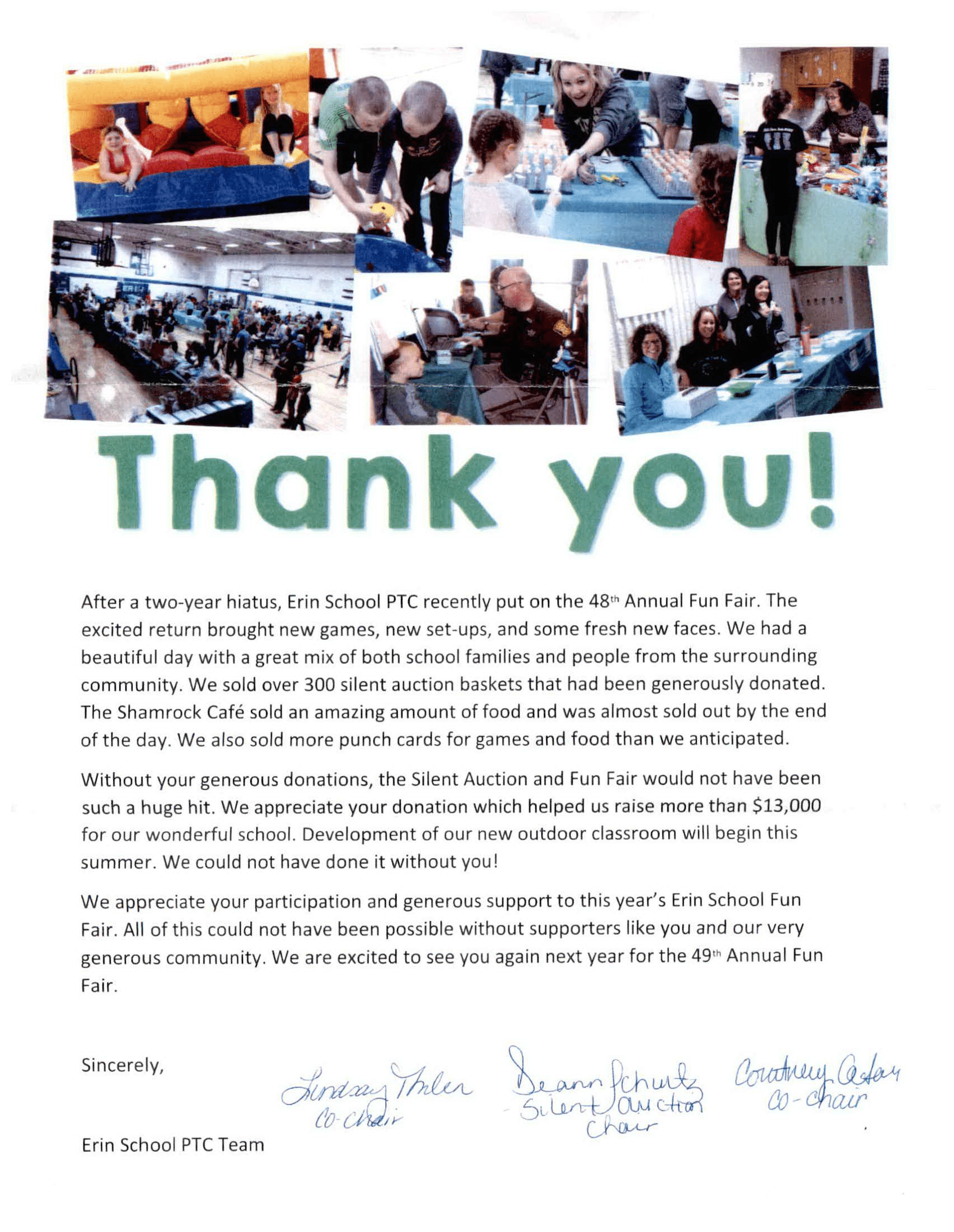 Thank you note with photos of a school fair; people, booths, games, and text thanking participants. | Joe's Slinger Service