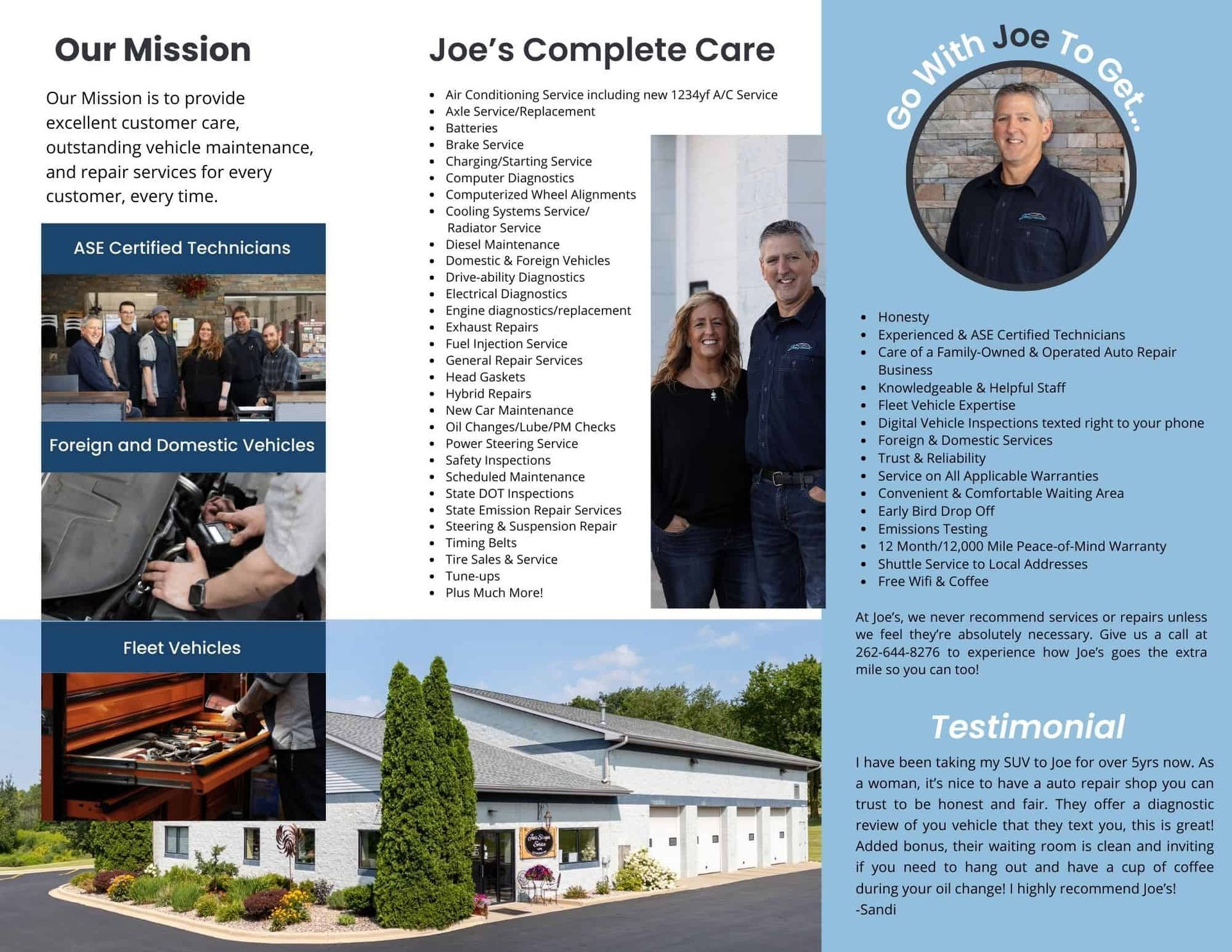 Brochure for Joe's Complete Care. Man and woman, plus building and services offered. | Joe's Slinger Service