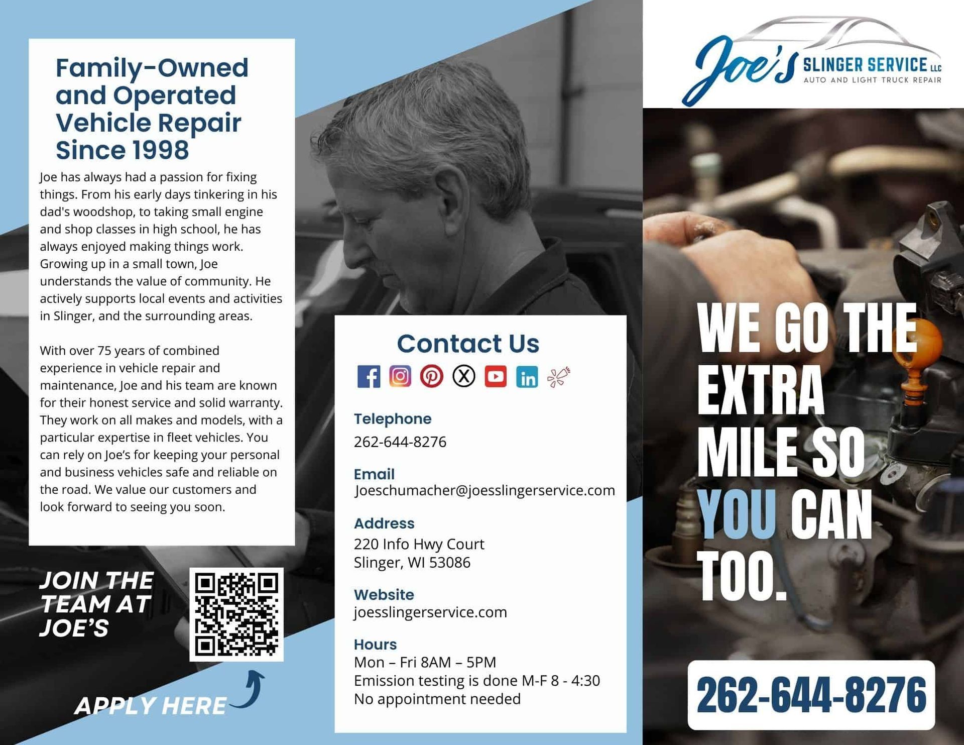 Brochure for Joe's Auto Repair. Contains text, contact info, a man working on a car, and a QR code. | Joe's Slinger Service