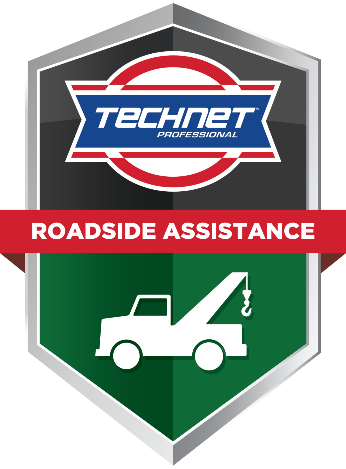 TechNet Professional Roadside Assistance badge; towing truck icon, red banner, green and black shield. | Joe's Slinger Service
