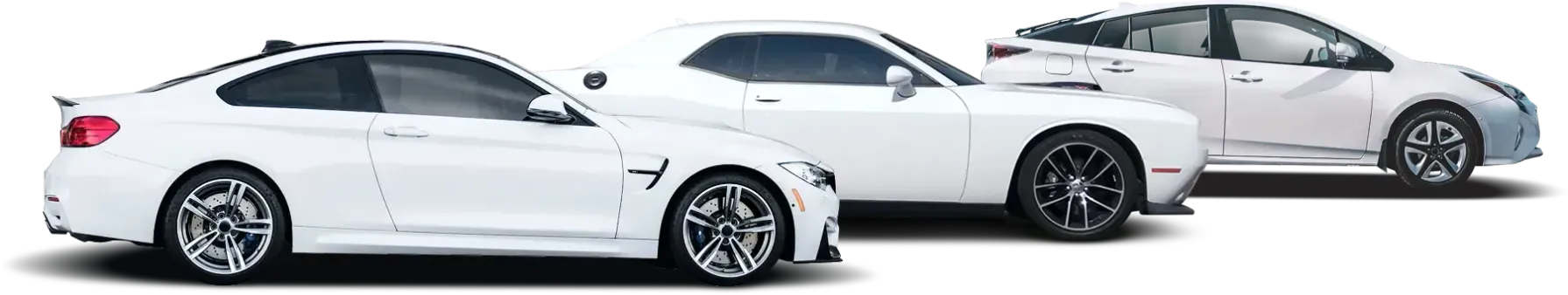 White cars, a coupe, a muscle car, and a hybrid, side-by-side.