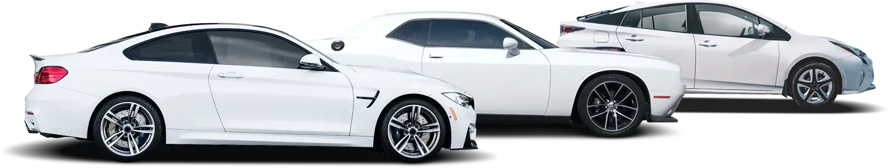 White cars, a coupe, a muscle car, and a hybrid, side-by-side.
