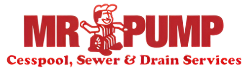 Logo for Mr. Pump. Red text with a smiling man mascot. 
