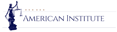 A logo for the american institute with a statue of justice