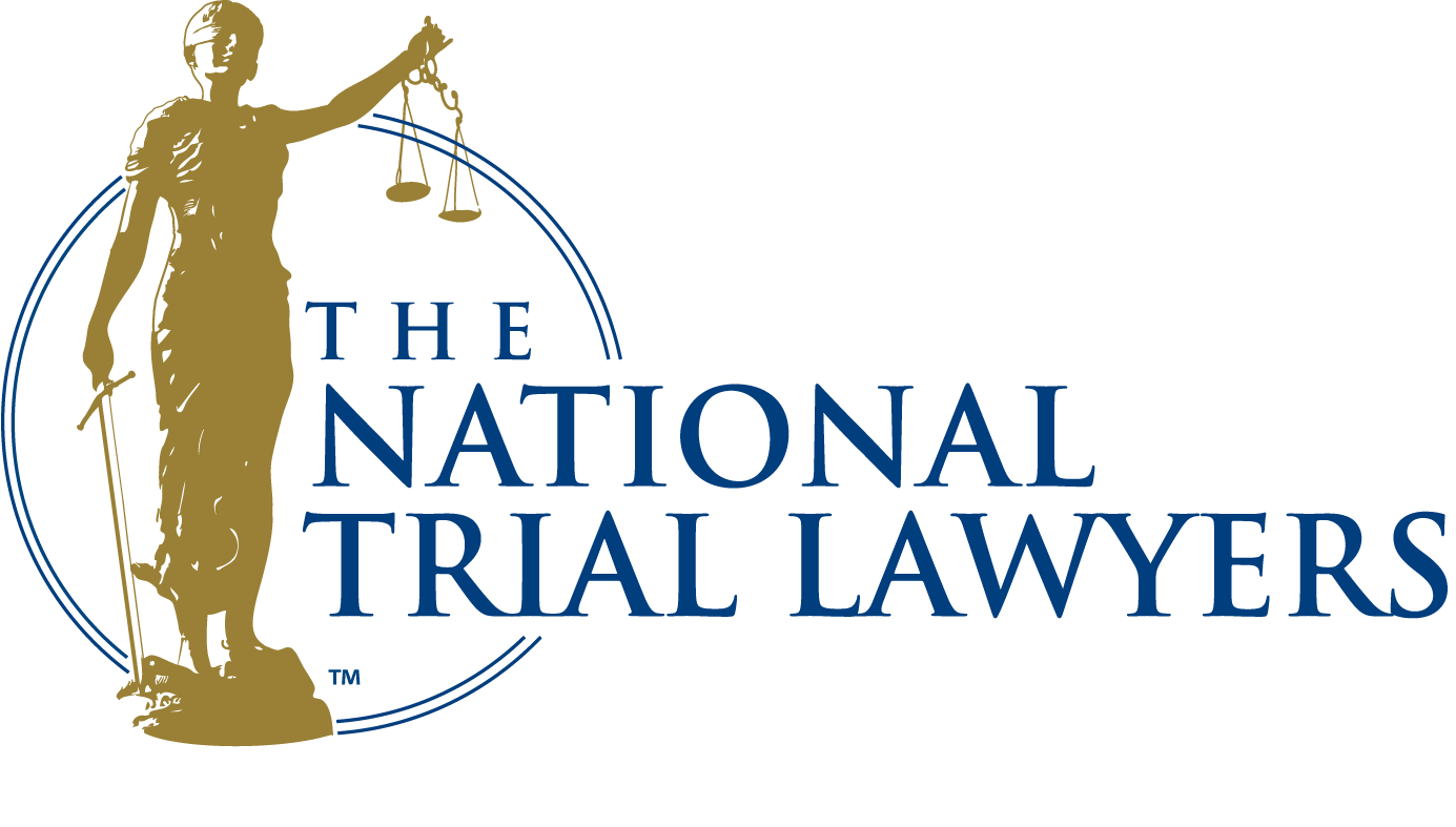 The logo for the national trial lawyers shows a statue of justice holding scales of justice.