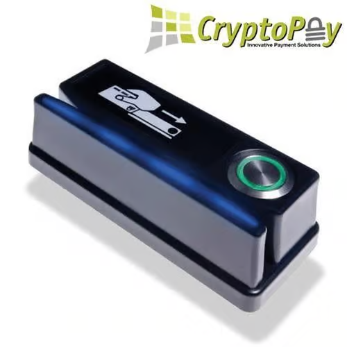 Black credit card reader with a green button, the CryptoPay logo in the background.
