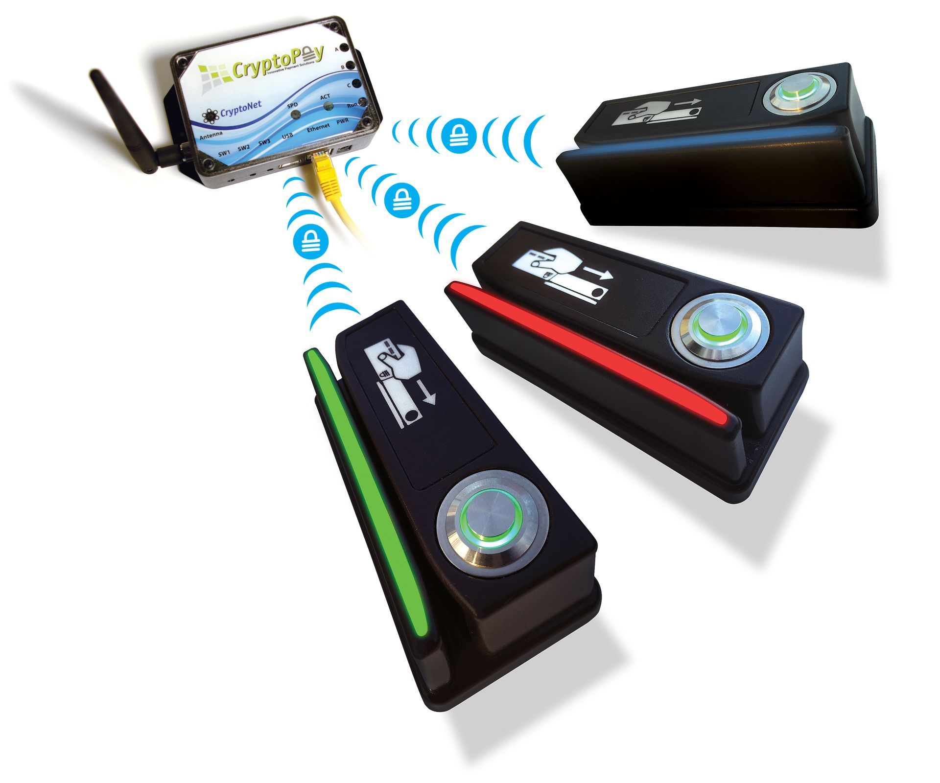 A wireless sensor system with a central hub connected to three colored sensor tags transmitting data.