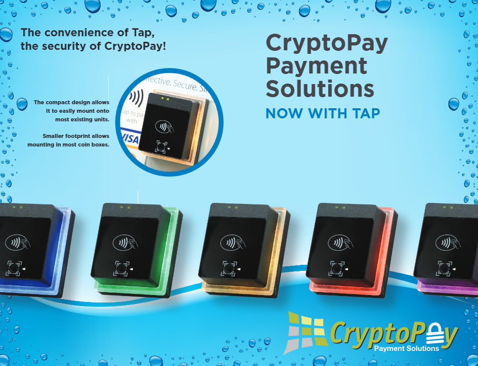 CryptoPay advertisement featuring payment solutions with tap functionality. 