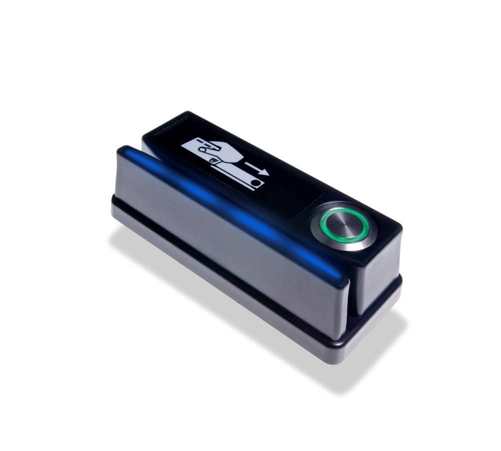 A black card reader with a lit green button and a slot for inserting a card, against a white background.