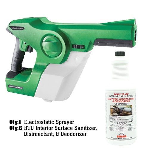 Green electrostatic sprayer and sanitizer bottles, labeled for interior surfaces.
