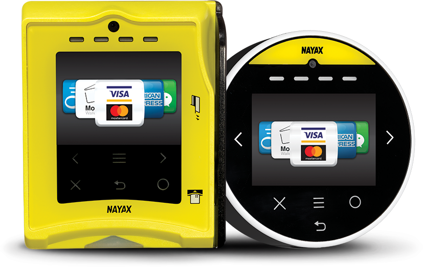 Two yellow and black electronic payment devices; one rectangular, one circular, displaying credit card logos.