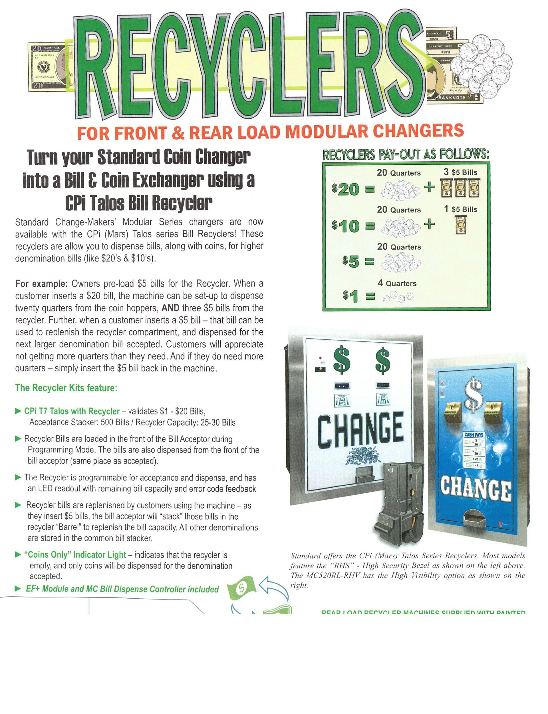 Advertisement for recyclers for modular changers with change machines, a dollar bill, and change.