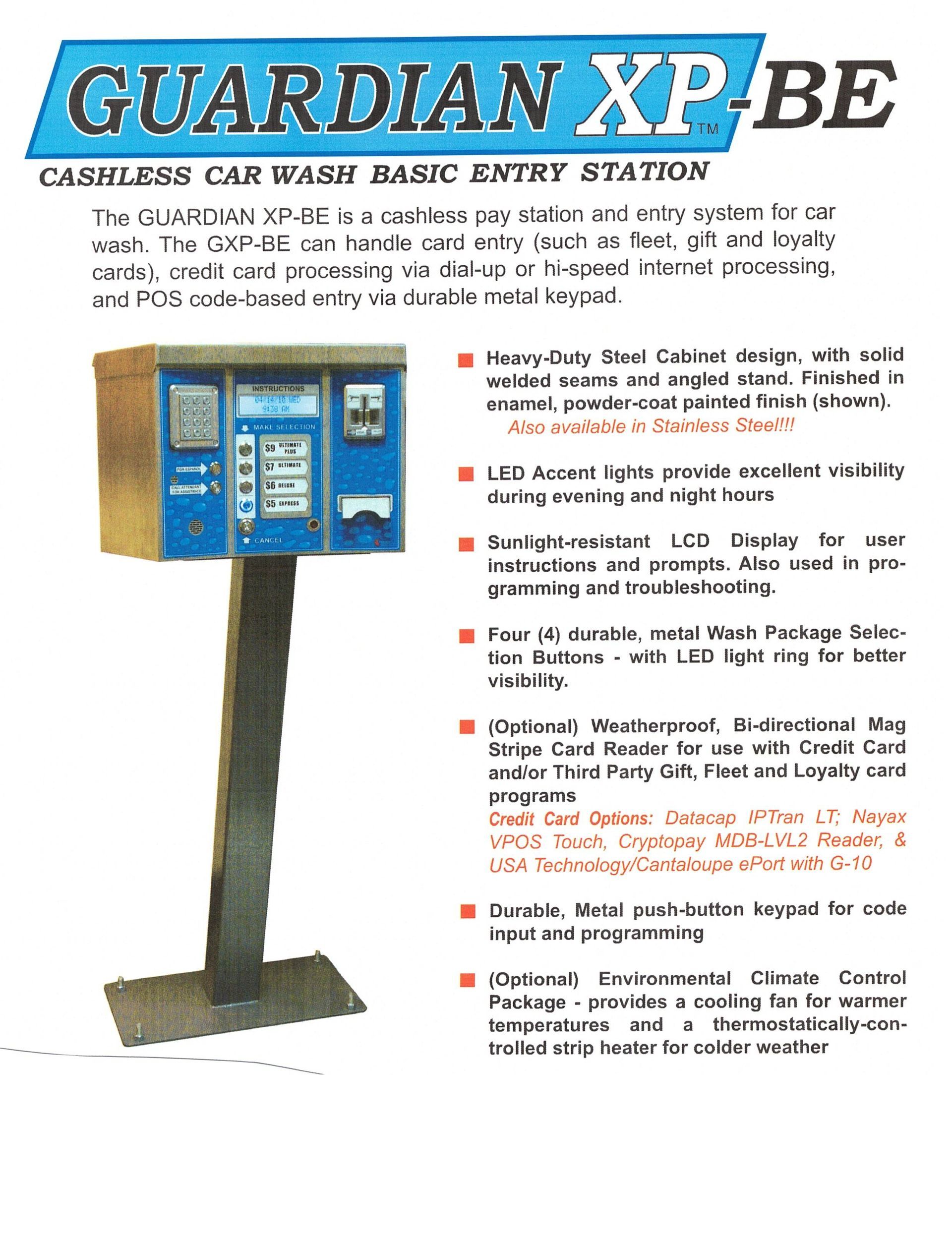 Blue and yellow Guardian XP-BE car wash entry station on a black metal pole.