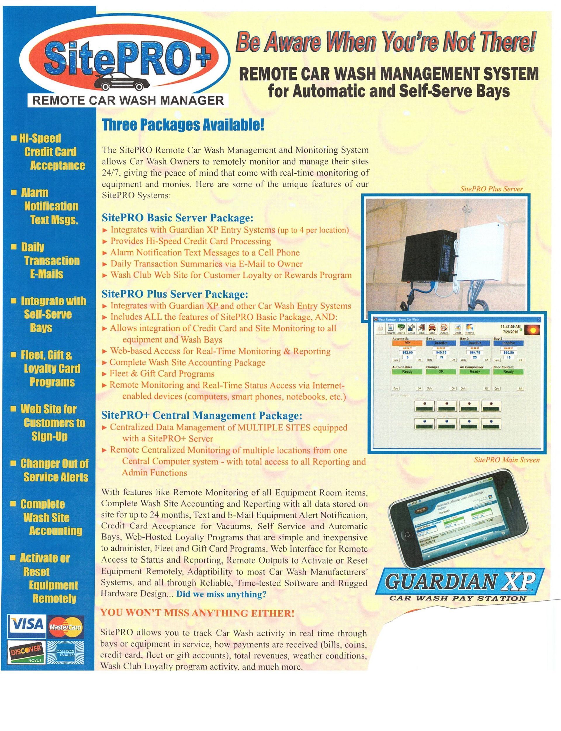 Advertisement for SitePRO+ remote car wash management system, showing software and hardware.