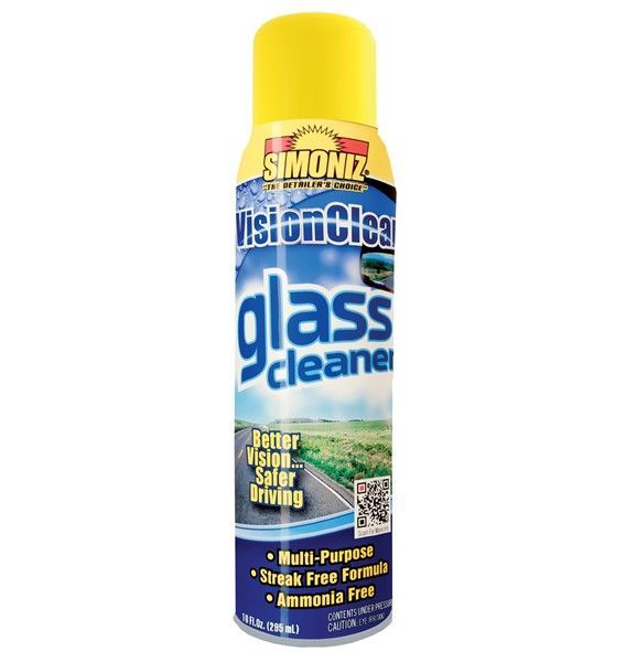 Aerosol can of Simoniz VisionClear glass cleaner with yellow cap, blue label, and a highway scene.