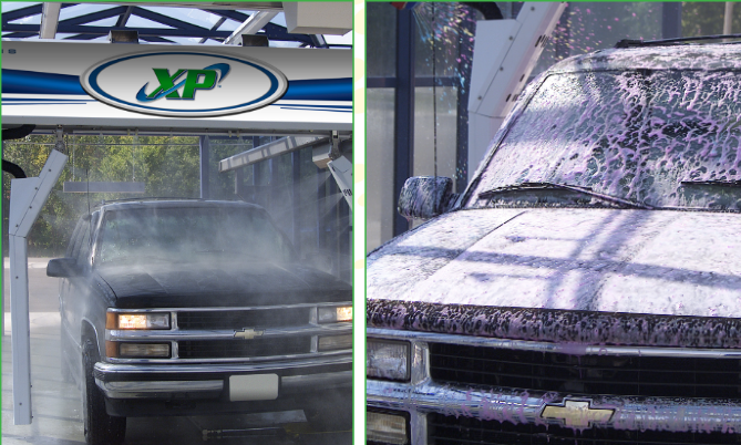 A split-screen view showing a Chevrolet truck undergoing a car wash, with water spray on the left and soap on the right.