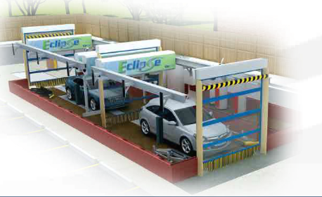 A 3D render showing an automated car wash bay with two cars being cleaned by overhead machinery labeled