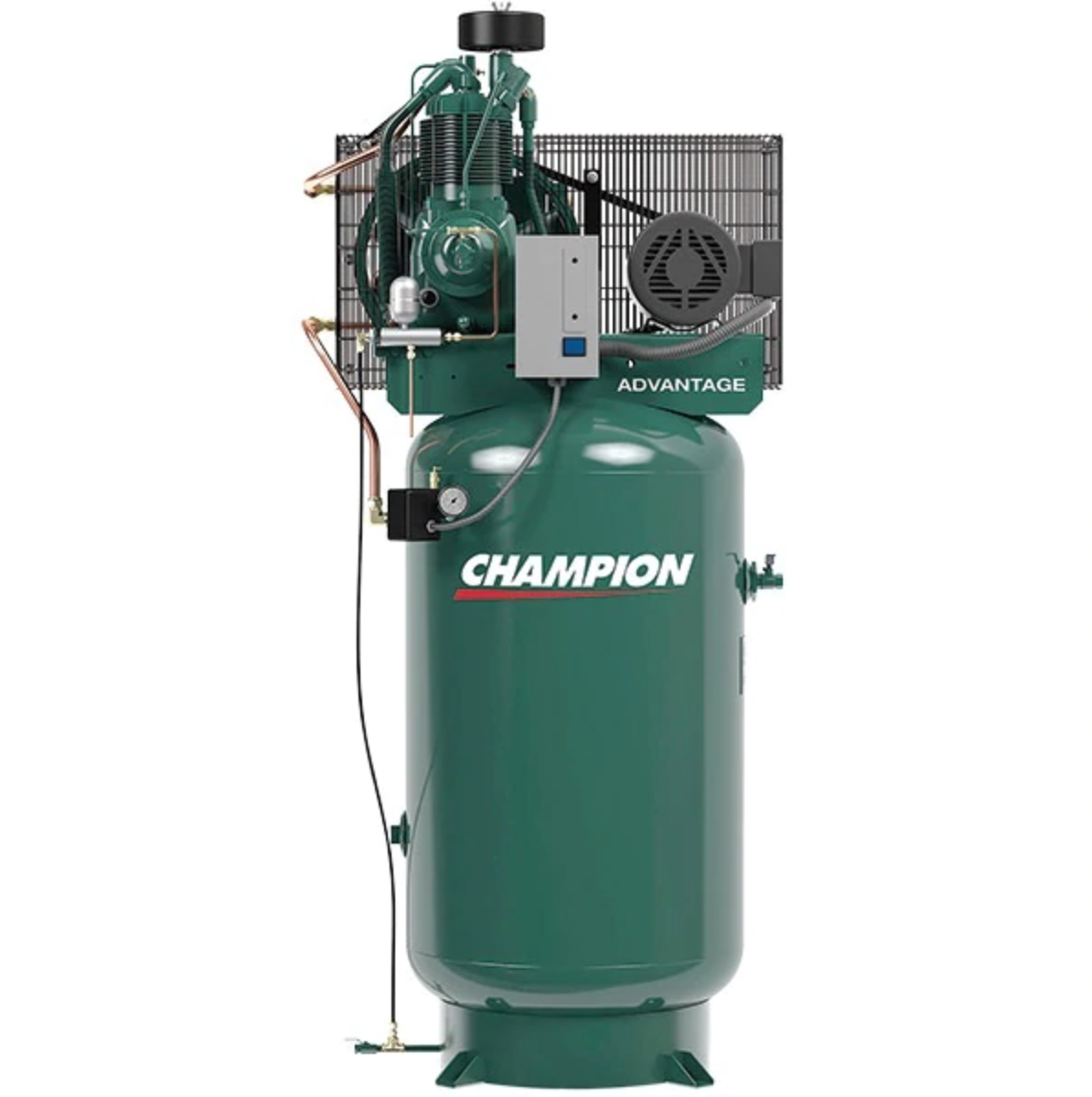 A vertical Champion air compressor. It's green with black components, a cylindrical tank, and a safety cage over the motor.