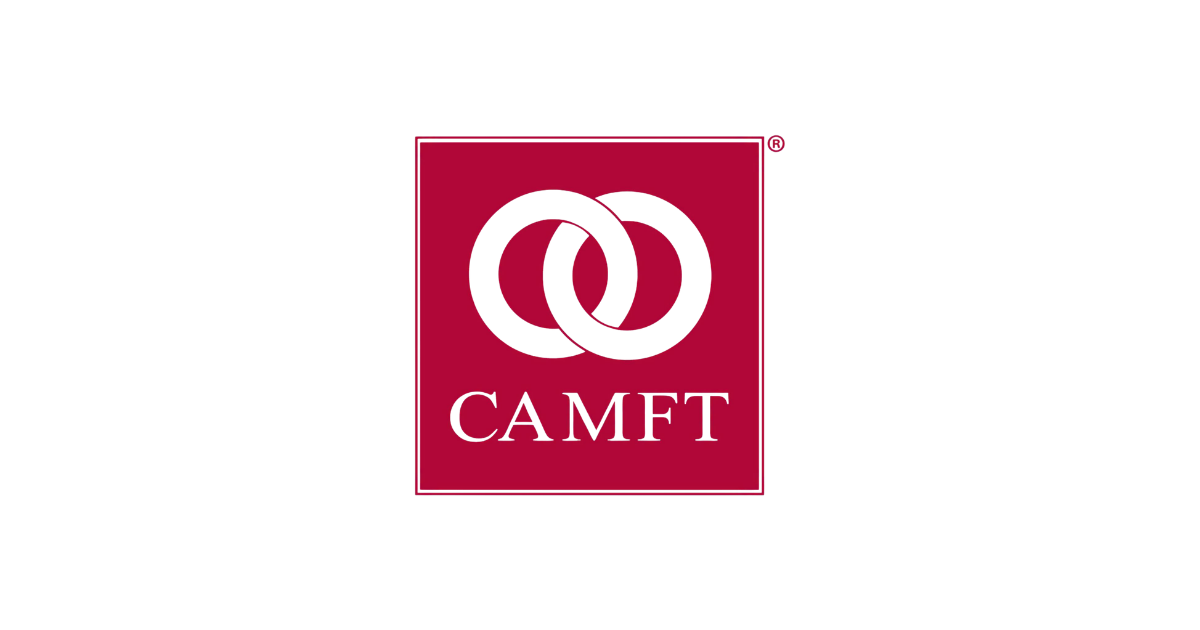 White interlocking rings above the word “CAMFT” on a maroon square logo