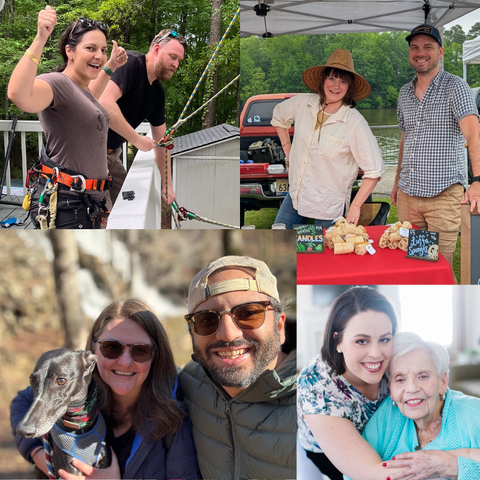 Collage: People in various settings, including outdoor, with smiles. One couple rock climbing, another at a market.