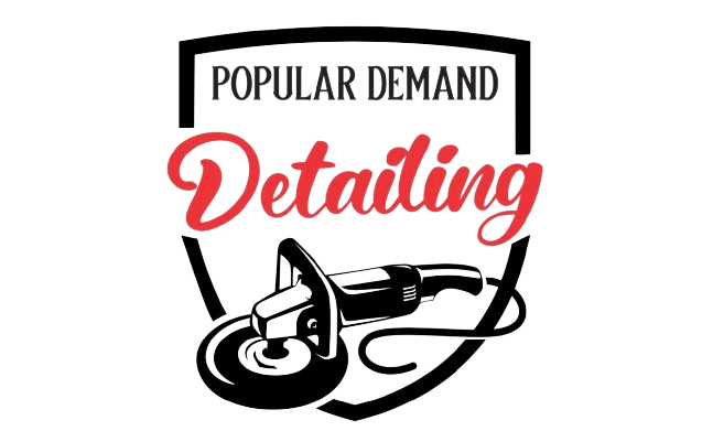 A logo for a car detailing company called popular demand detailing.