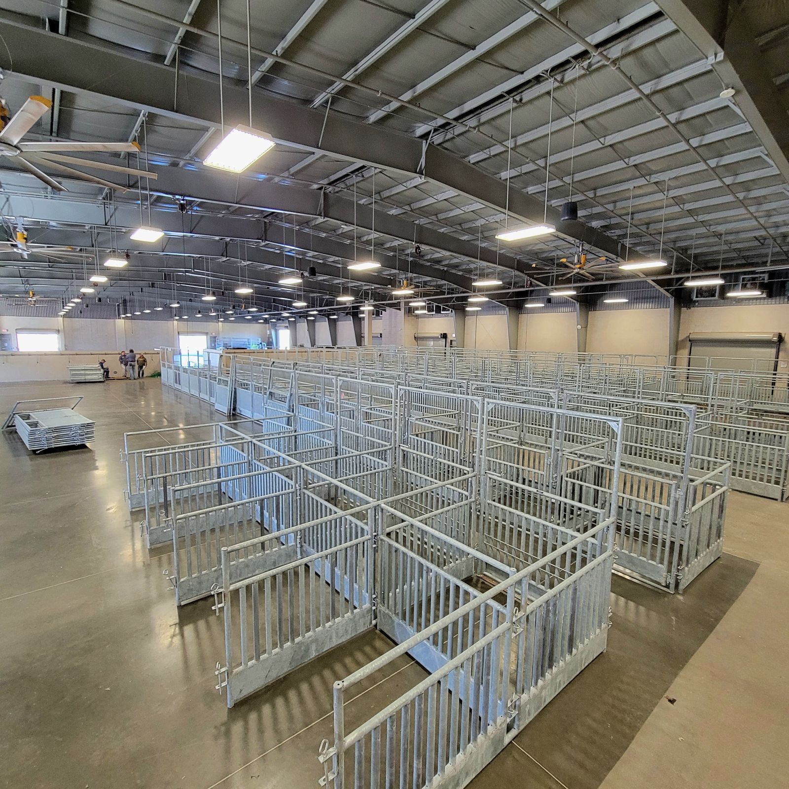 A large warehouse filled with lots of pig pens.