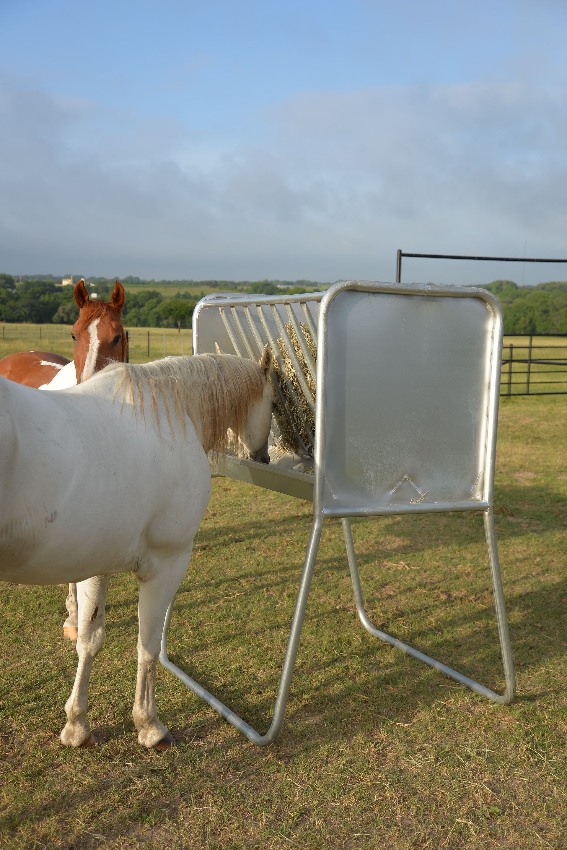 Two horses are eating from a hay feeder in a field.