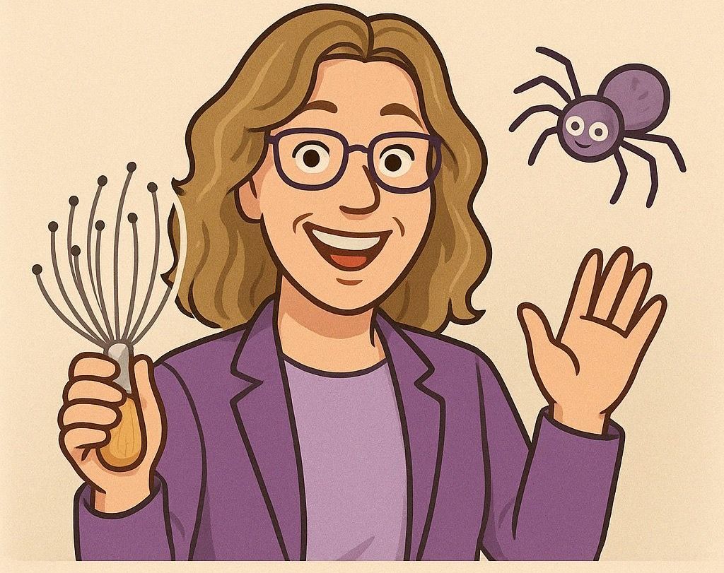 Cartoonversie van Celina, het gezicht achter Salon Purple Dream, met een haarspin en een vrolijke uitstraling – symbool voor ontspanning met een glimlach.
